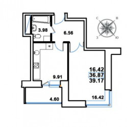 Однокомнатная квартира 39.17 м²