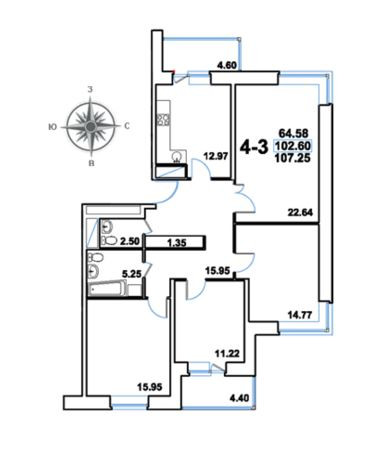 Четырёхкомнатная квартира 107.25 м²