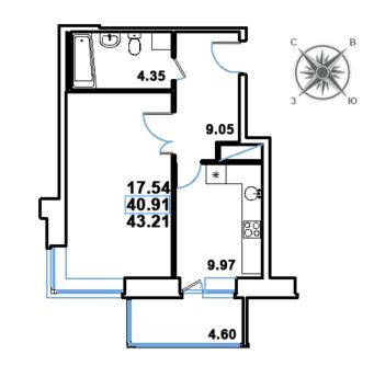 Однокомнатная квартира 43.21 м²