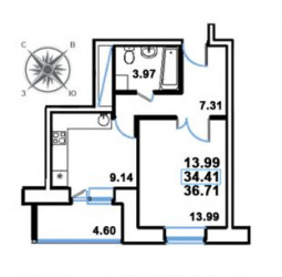 Однокомнатная квартира 36.71 м²