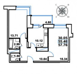 Двухкомнатная квартира 57.76 м²