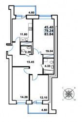 Трёхкомнатная квартира 83.84 м²