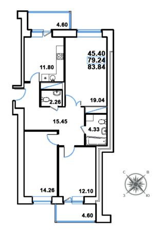 Трёхкомнатная квартира 83.84 м²