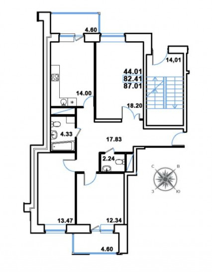 Трёхкомнатная квартира 87.01 м²