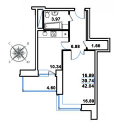 Однокомнатная квартира 42.04 м²