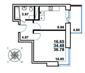 Однокомнатная квартира 36.78 м²