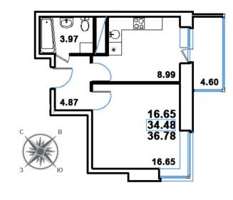 Однокомнатная квартира 36.78 м²