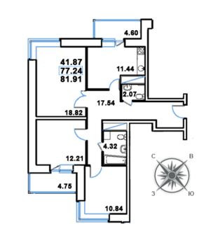 Трёхкомнатная квартира 81.91 м²