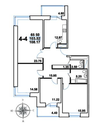 Четырёхкомнатная квартира 108.02 м²