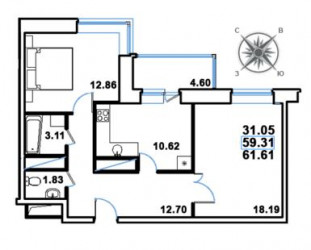 Двухкомнатная квартира 61.61 м²