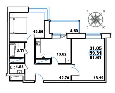 Двухкомнатная квартира 61.61 м²