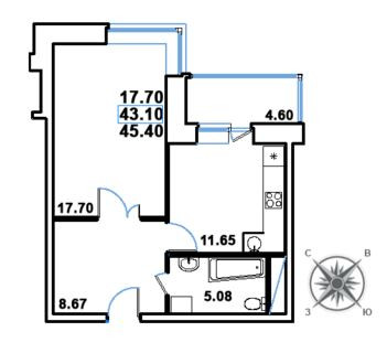 Однокомнатная квартира 45.4 м²