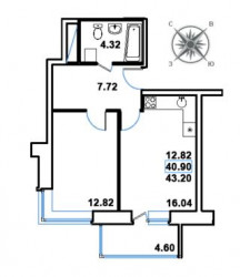 Однокомнатная квартира 43.2 м²
