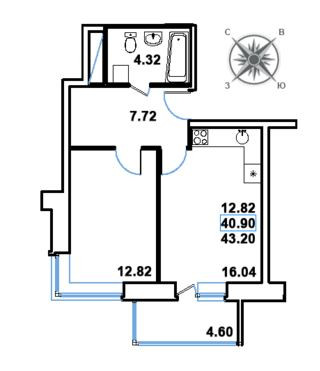 Однокомнатная квартира 43.2 м²