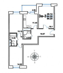 Трёхкомнатная квартира 86.25 м²