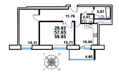 Двухкомнатная квартира 59.95 м²